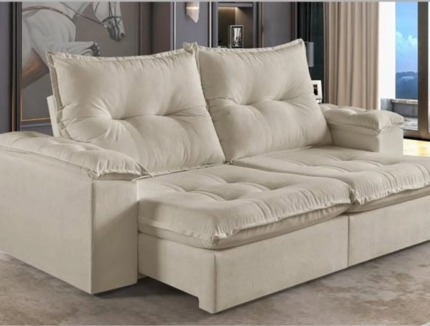 Sofá retrátil e reclinável pillow top em bouclê, off-white