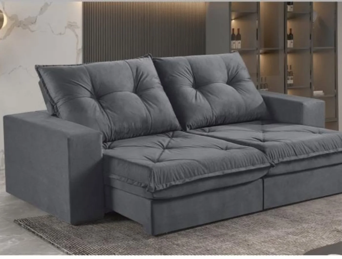 Sofá retrátil e reclinável pillow top em veludo, cinza-chumbo