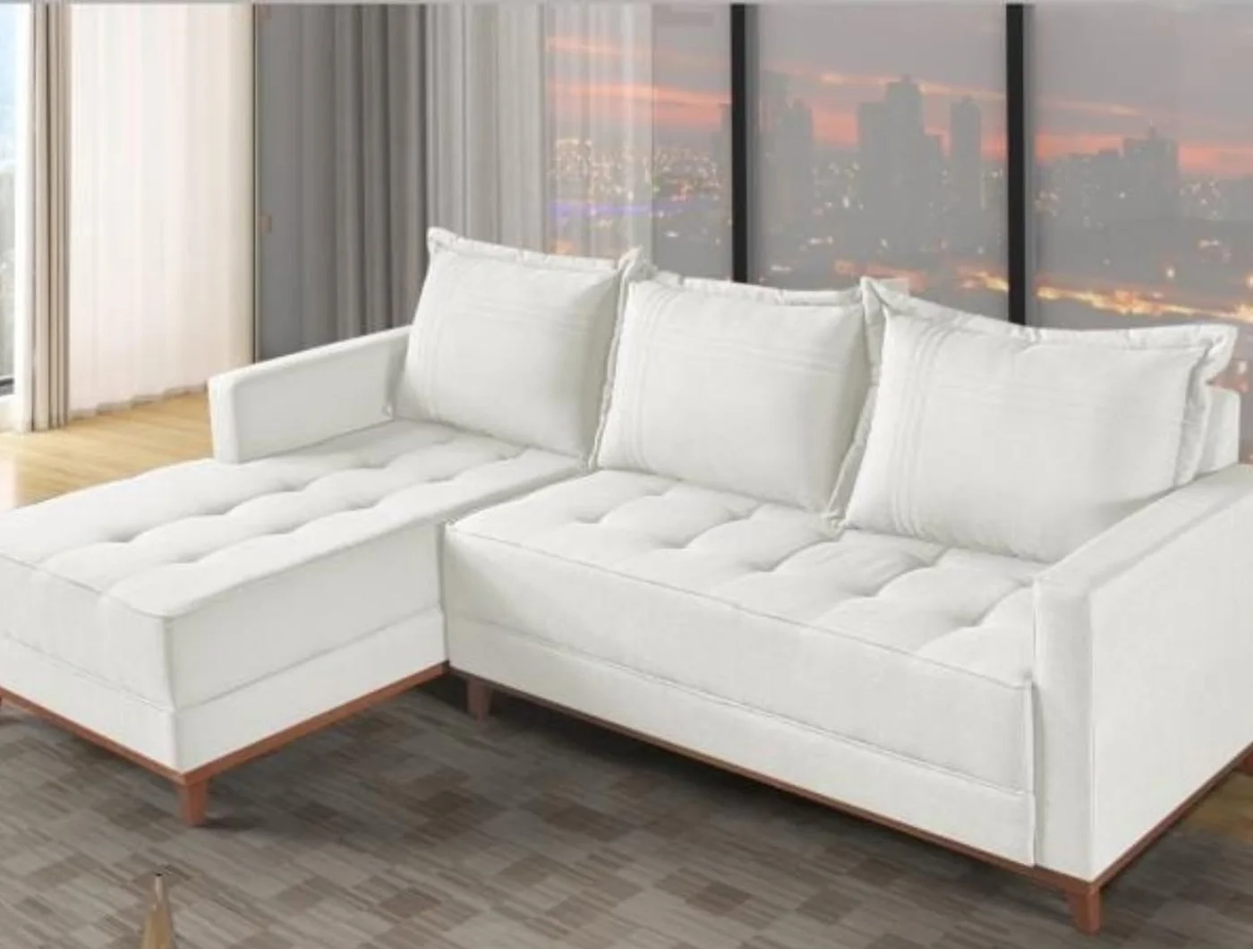 Sofá de canto com chaise e molas ensacadas em bouclê, off-white