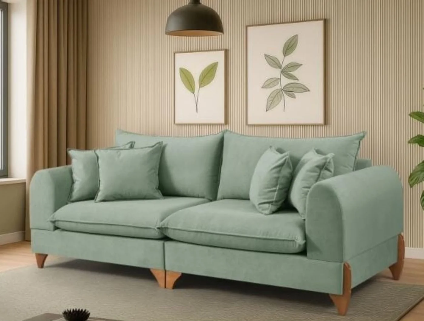 Sofá living bipartido em veludo, verde-menta